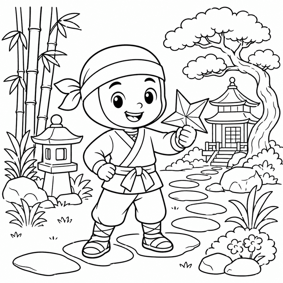 Ninja mit Papierstern Ausmalbild