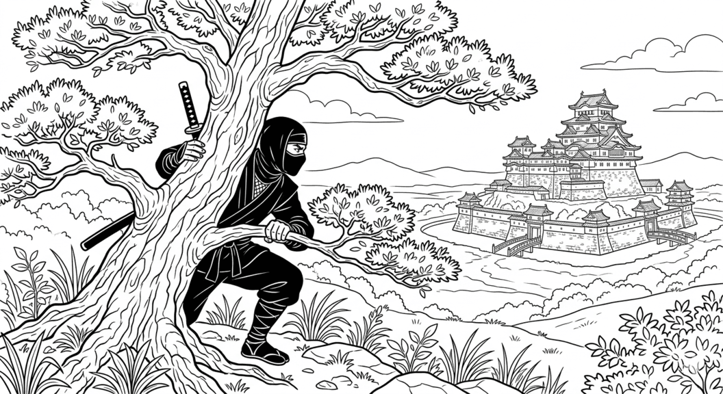 Ninja vor Schloss Ausmalbild