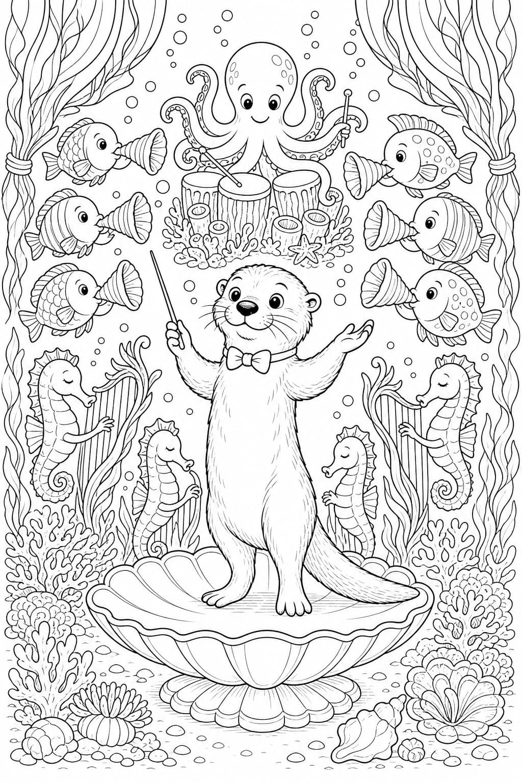 Otter Dirigent im Unterwasserkonzert Ausmalbild