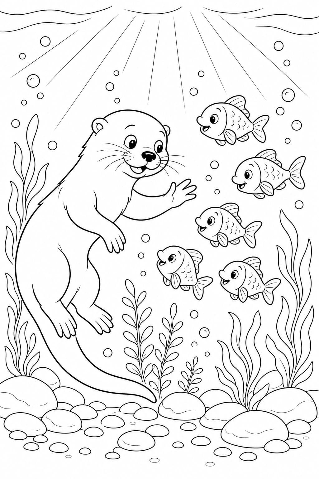 Otter mit Fischfreunden Ausmalbild