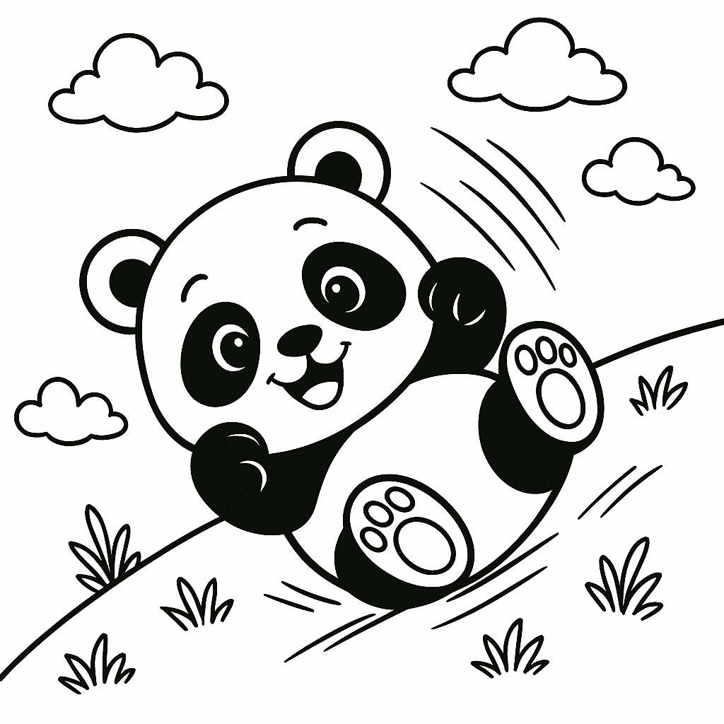 Panda rollt über das Gras Ausmalbild