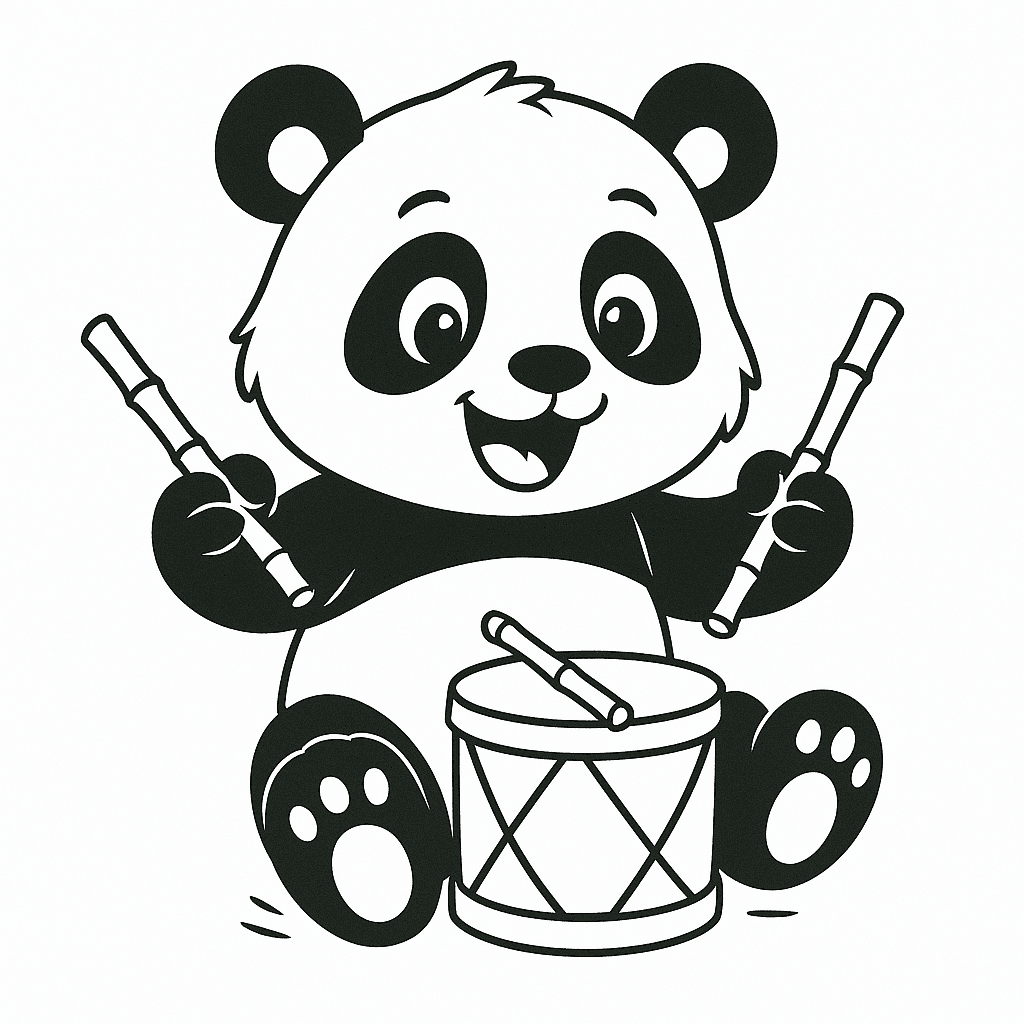 Panda spielt Schlagzeug mit Bambus Ausmalbild