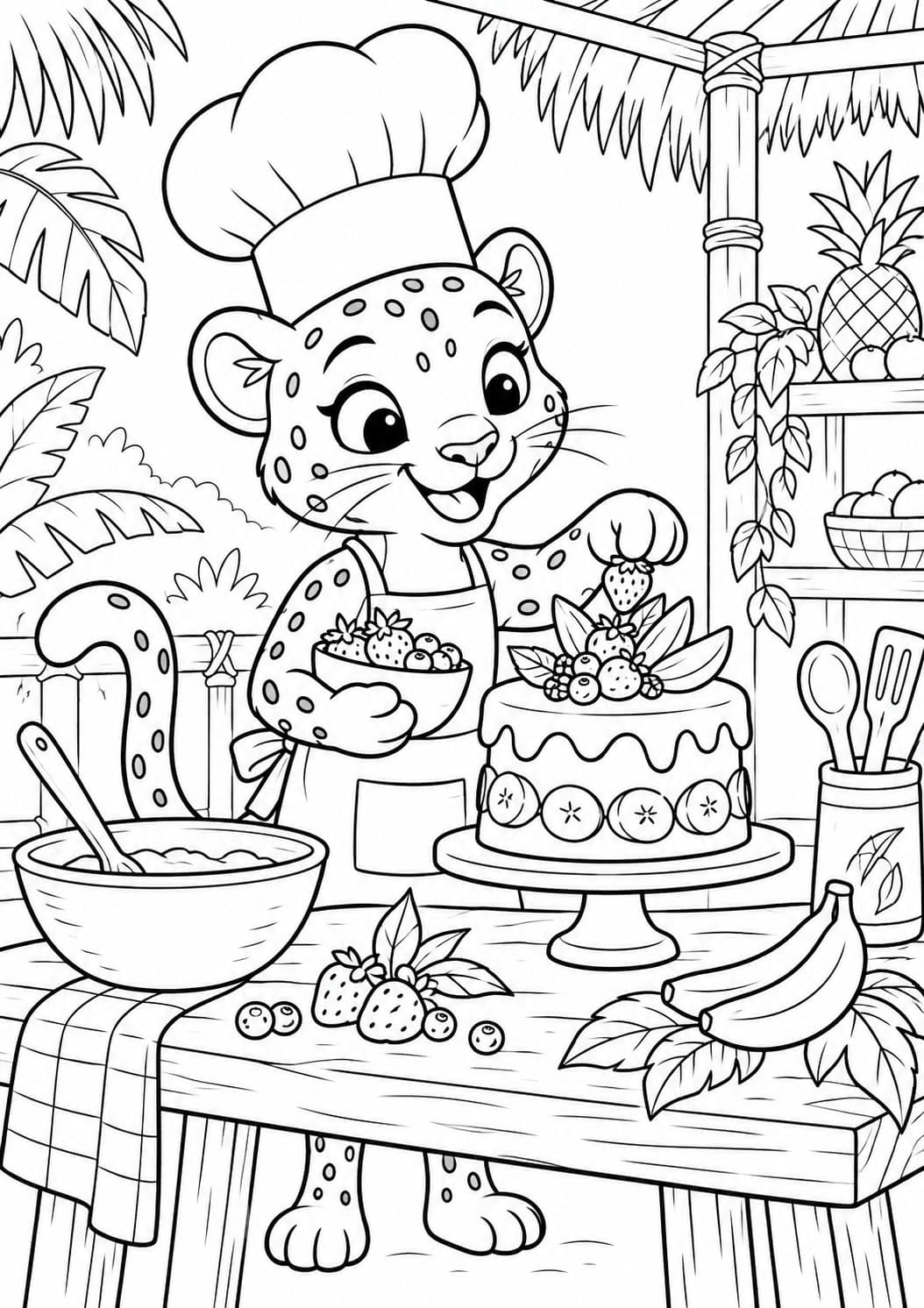 Niedlicher Panther als Konditor mit Kuchen Ausmalbild