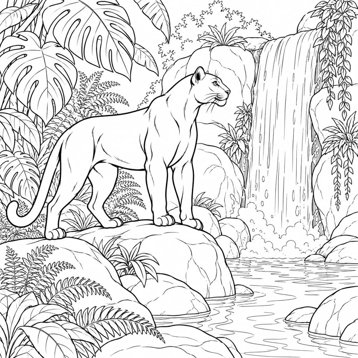 Panther am Wasserfall Ausmalbild