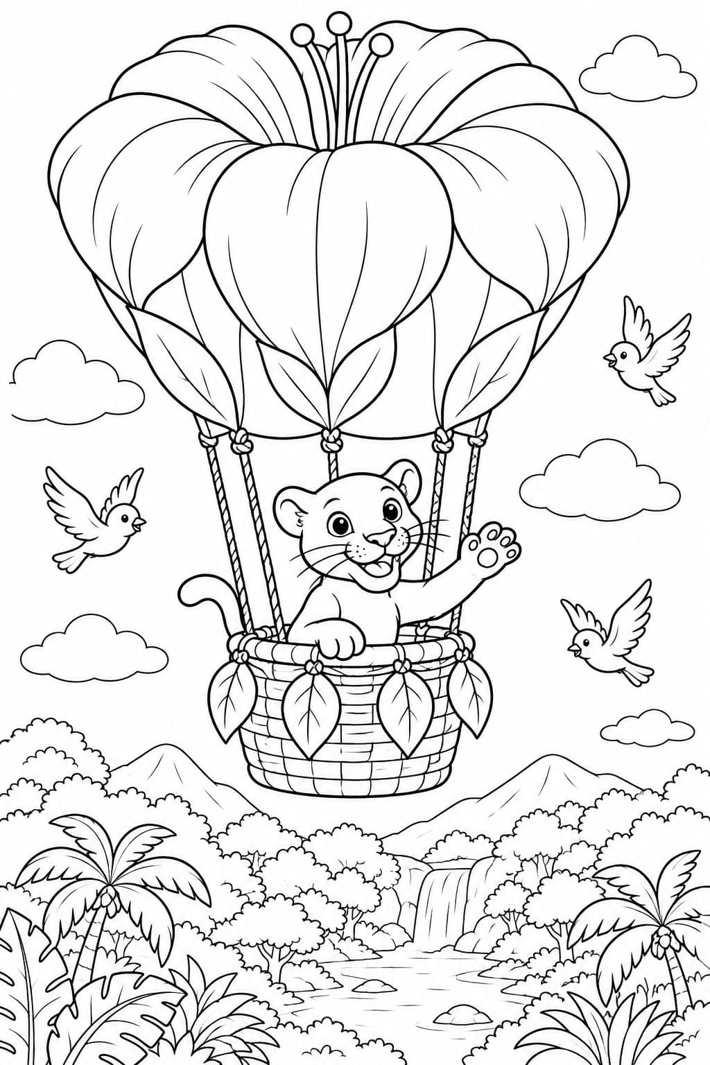 Niedlicher Panther im Heißluftballon über dem Dschungel Ausmalbild