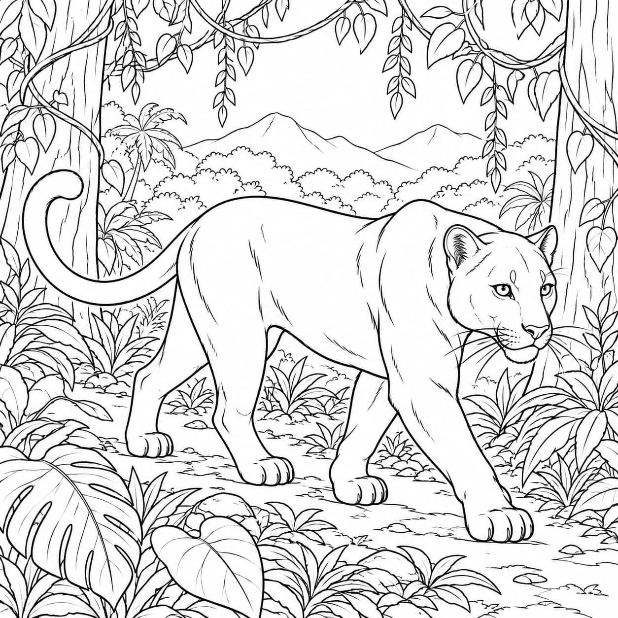 Panther beim Spaziergang im Wald Ausmalbild