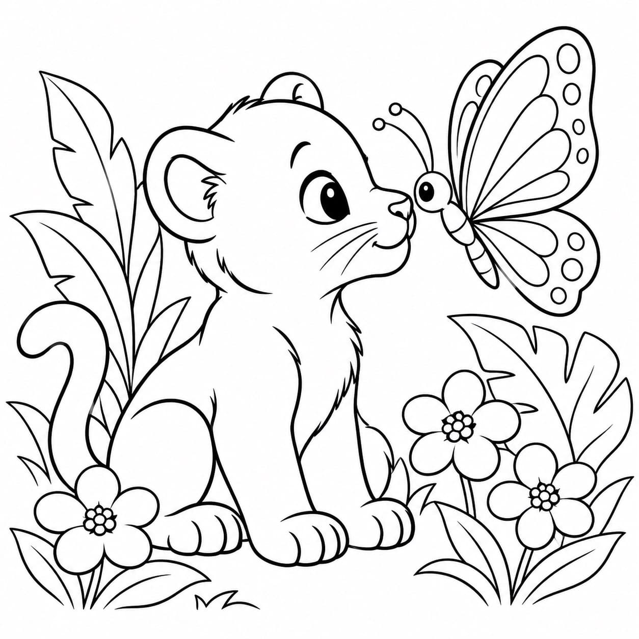 Pantherjunges mit Schmetterling Ausmalbild