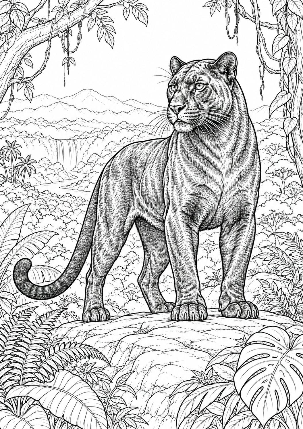 Realistischer Panther auf einem Felsen im Regenwald Ausmalbild