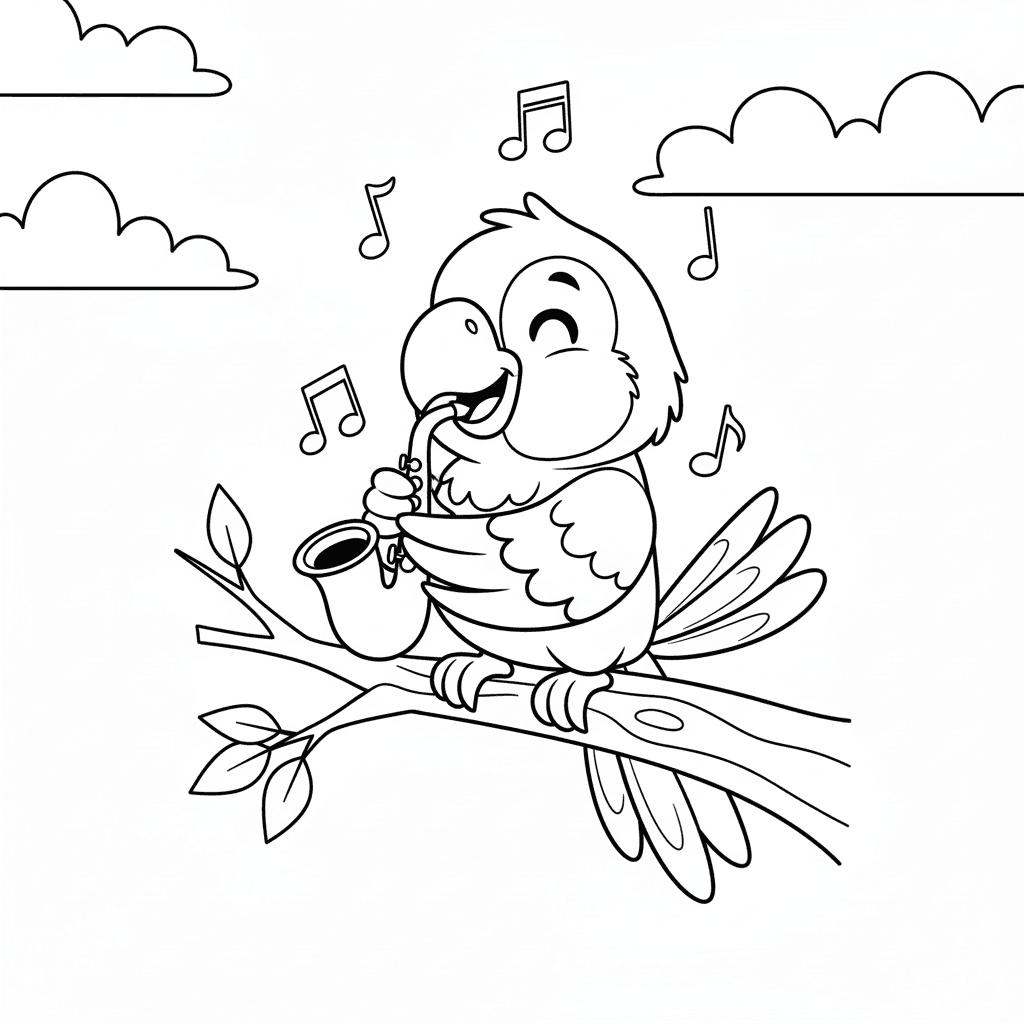Papagei mit Musikinstrument Ausmalbild