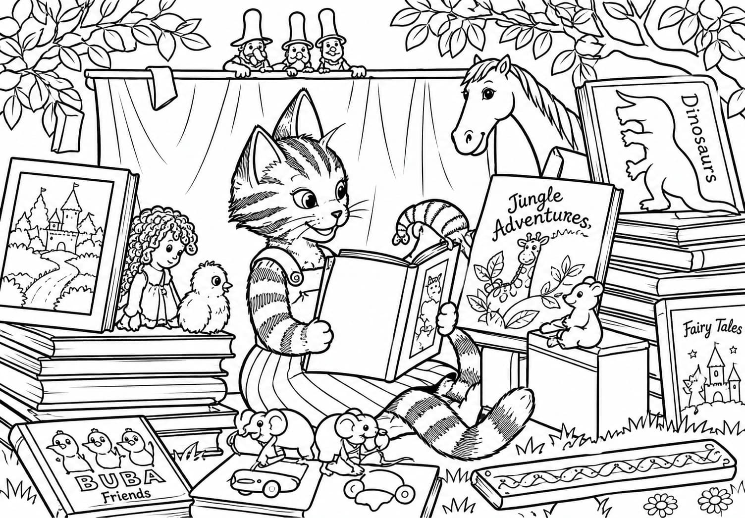 Findus liest zwischen Büchern und Pflanzen – detailreiches Ausmalbild