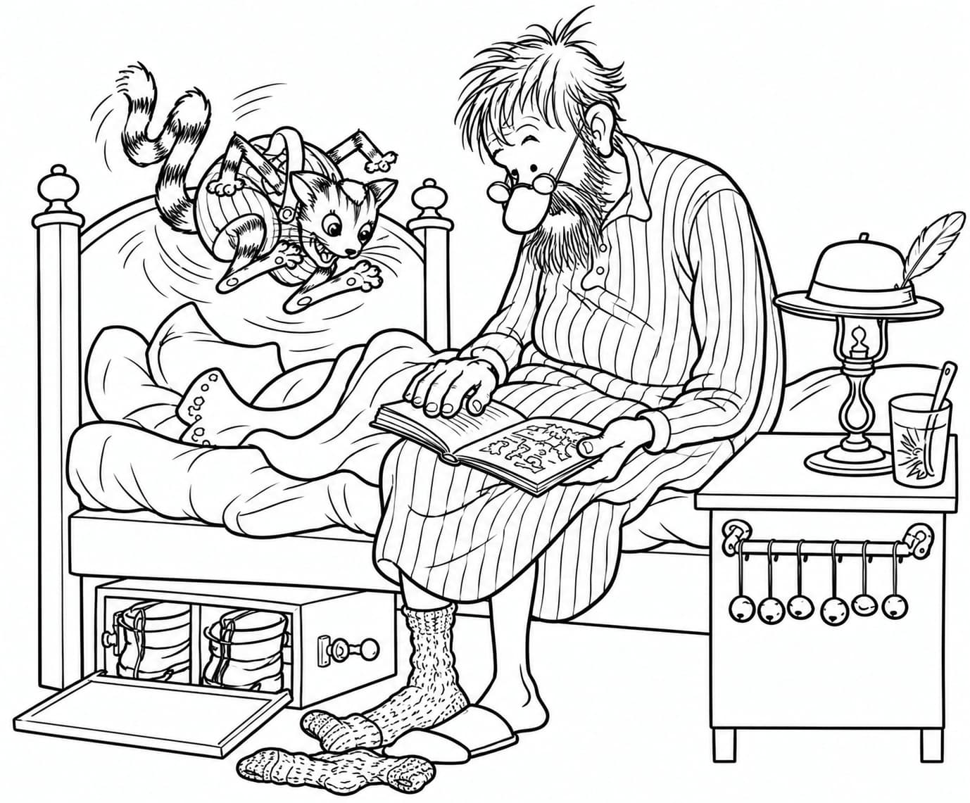 Pettersson liest Findus am Bett ein Buch vor – Malvorlage zum Ausdrucken