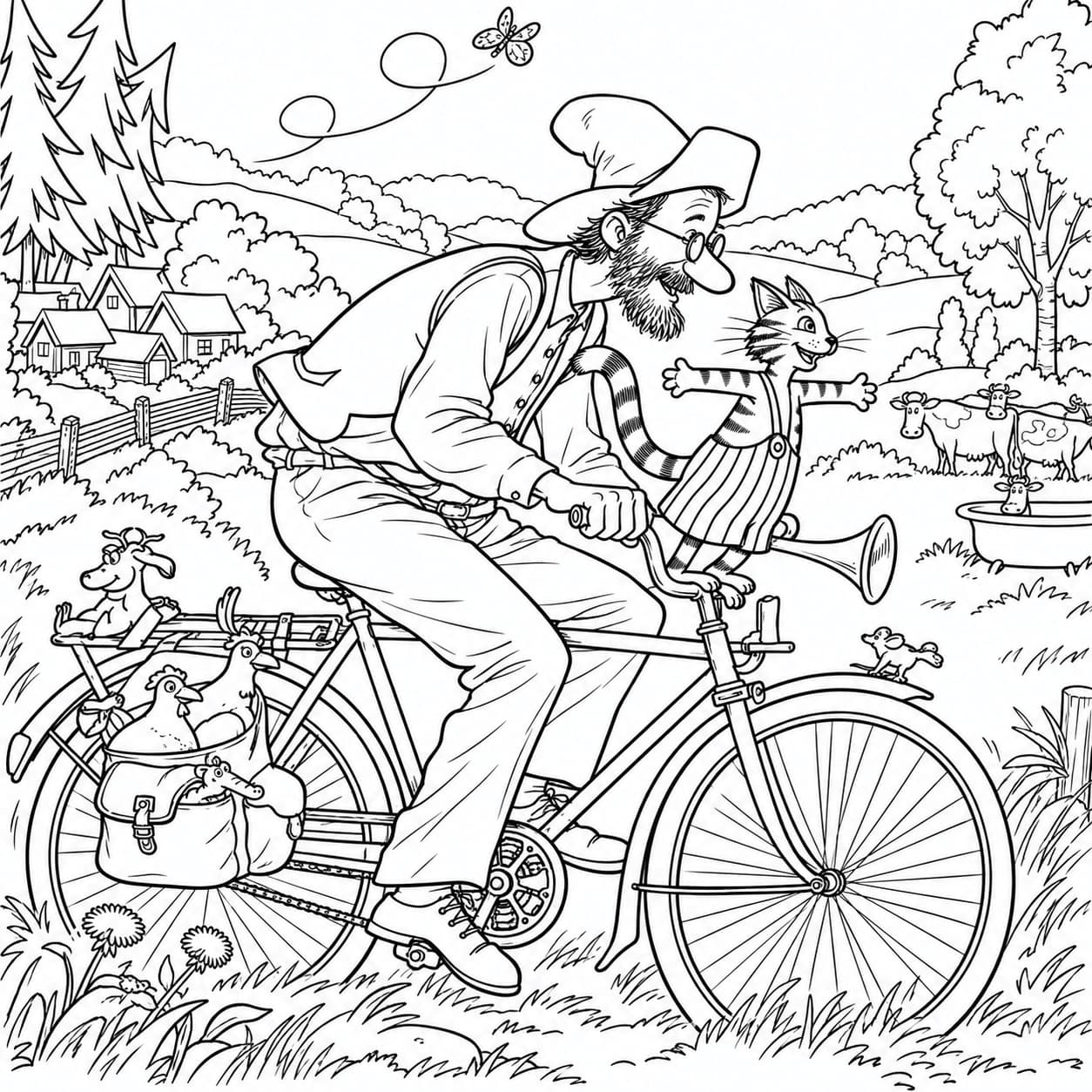 Pettersson und Findus auf einer Fahrradtour durch die Natur zum Ausmalen