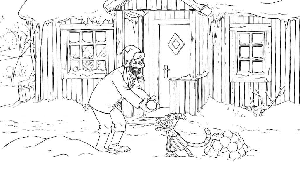 Pettersson und Findus vor ihrem verschneiten Haus – Winterausmalbild
