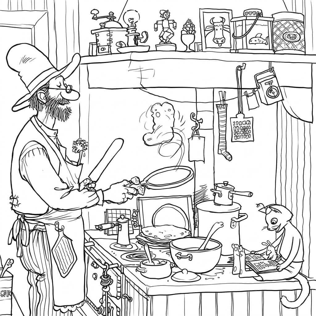 Pettersson und Findus beim Pfannkuchenbacken in der Küche – Malvorlage