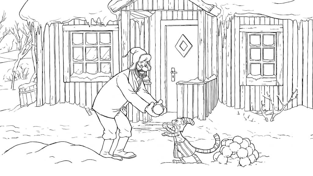 Pettersson und Findus mit Schneebällen vor dem Haus – Wintermalvorlage