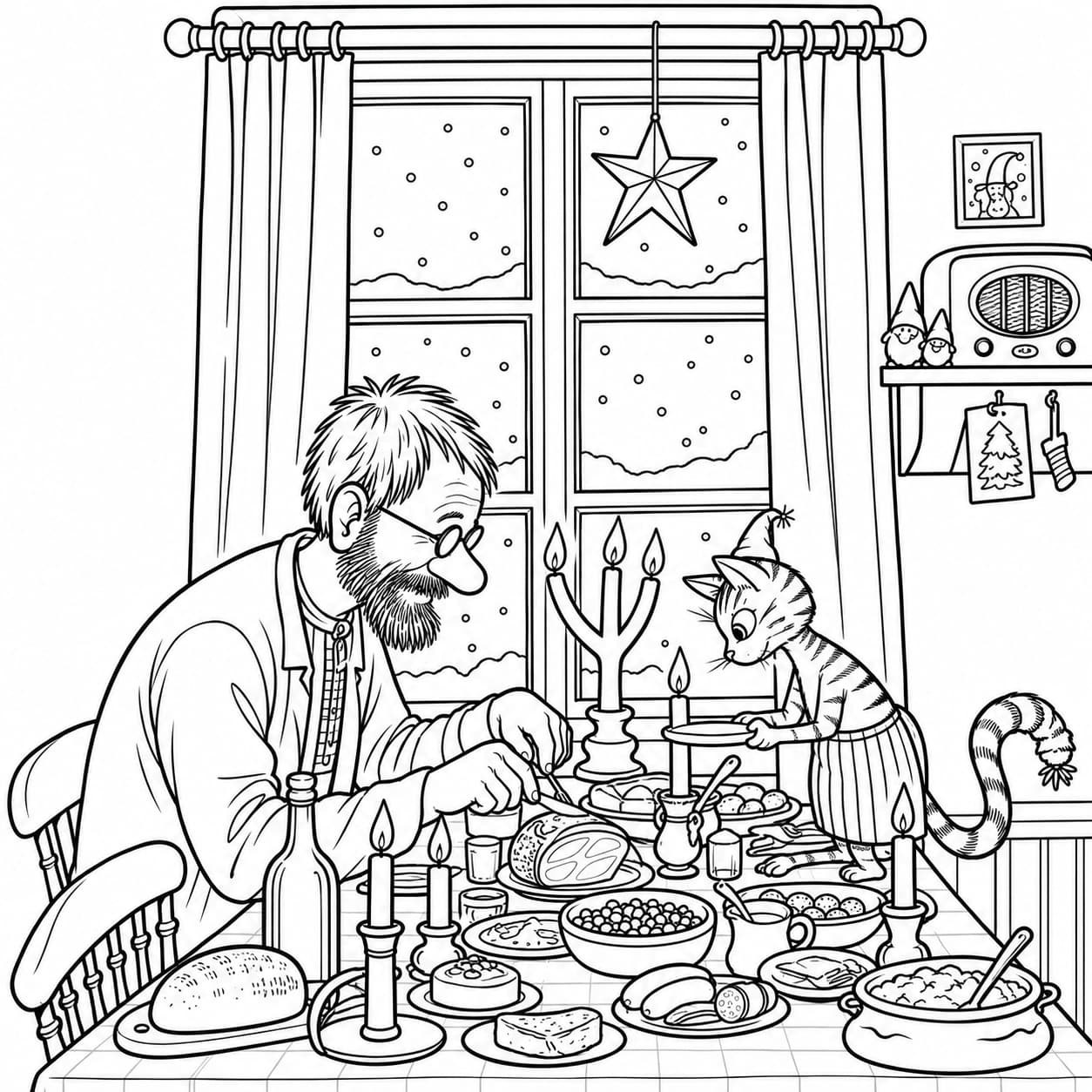 Pettersson und Findus am Weihnachtstisch mit Fensterstern zum Ausmalen