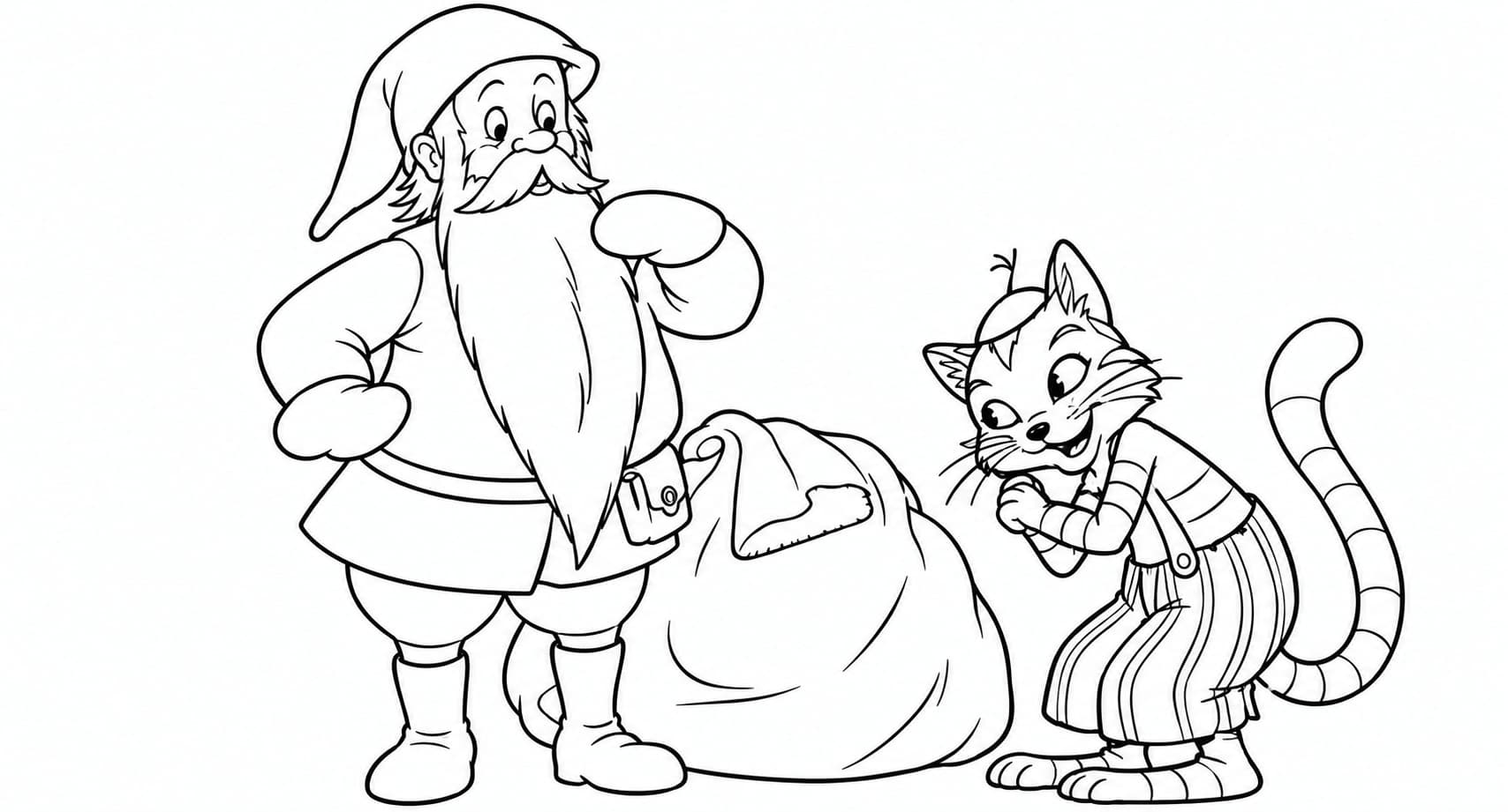 Pettersson als Weihnachtsmann mit Sack neben Findus – Weihnachtsausmalbild