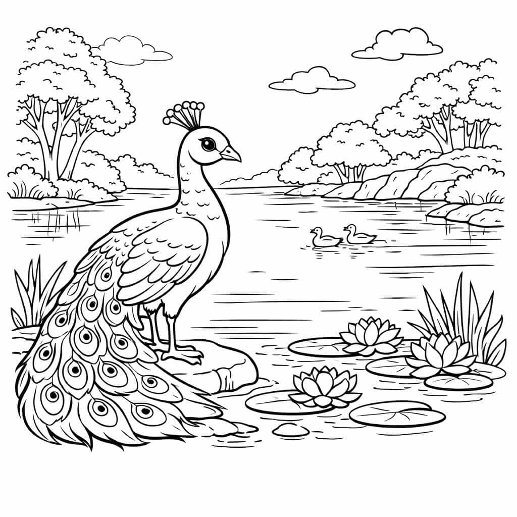 Pfau am See Ausmalbild