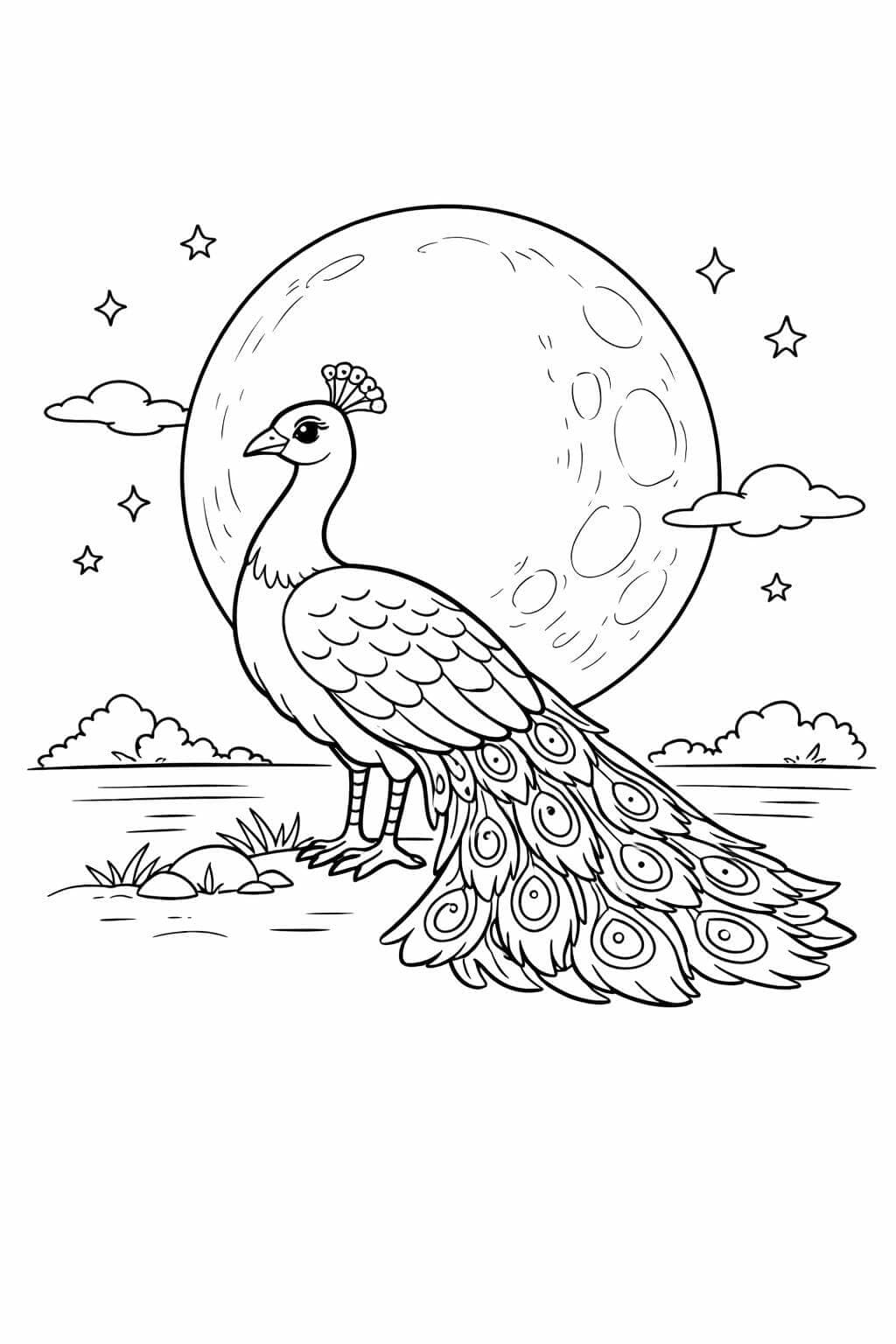 Pfau bei Vollmond Ausmalbild