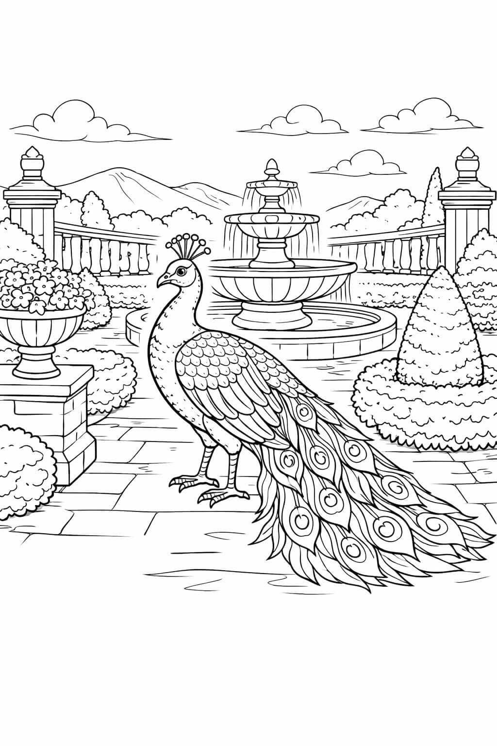Pfau im klassischen Garten Ausmalbild