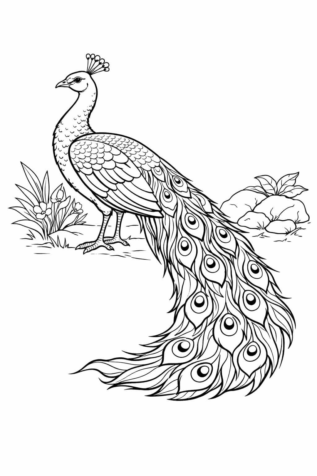 Pfau im Profil mit langen Federn Ausmalbild
