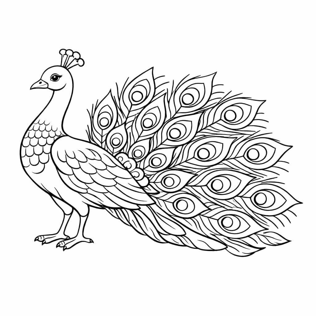 Pfau mit halbgeöffnetem Schweif Ausmalbild