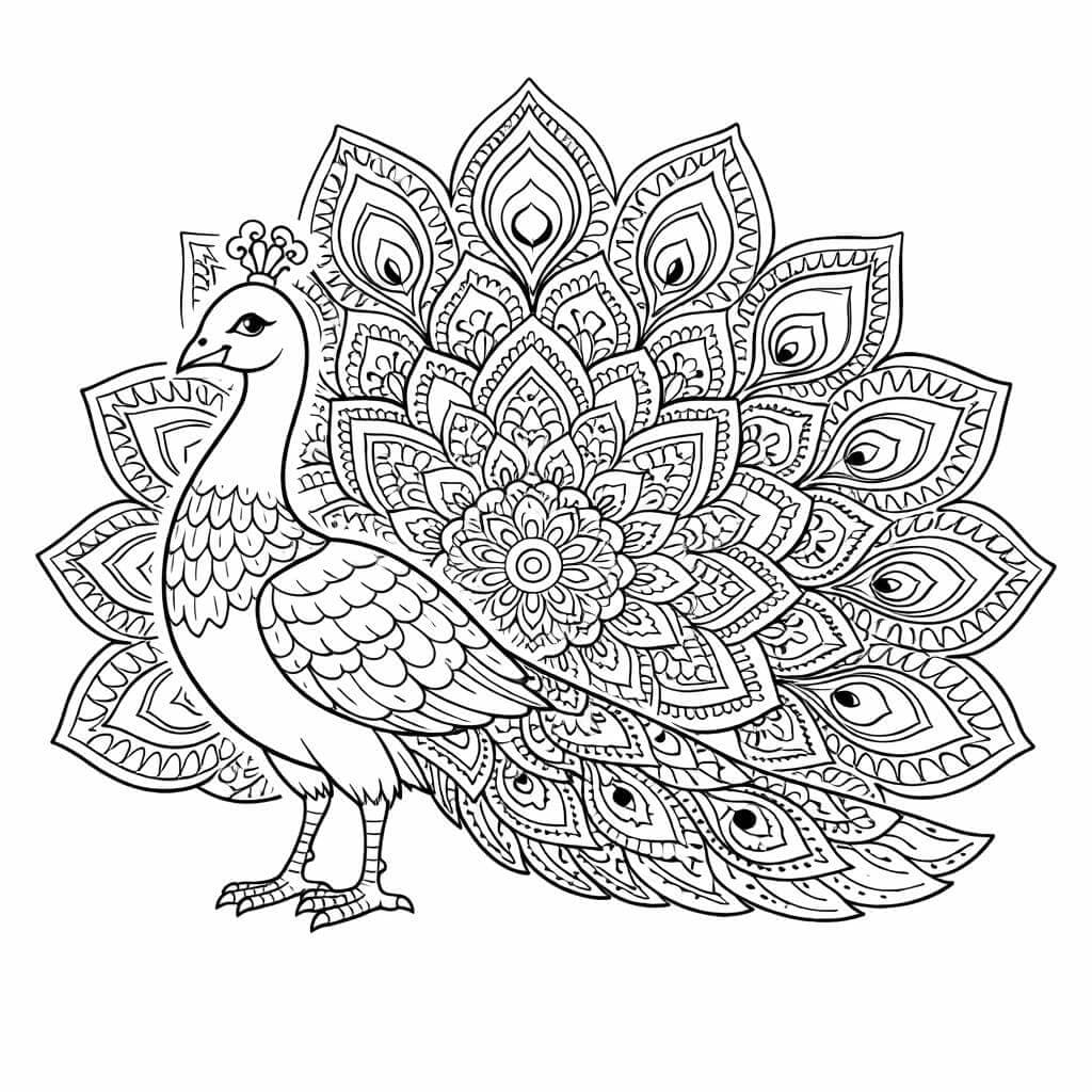 Pfau mit Mandala im Schweif Ausmalbild