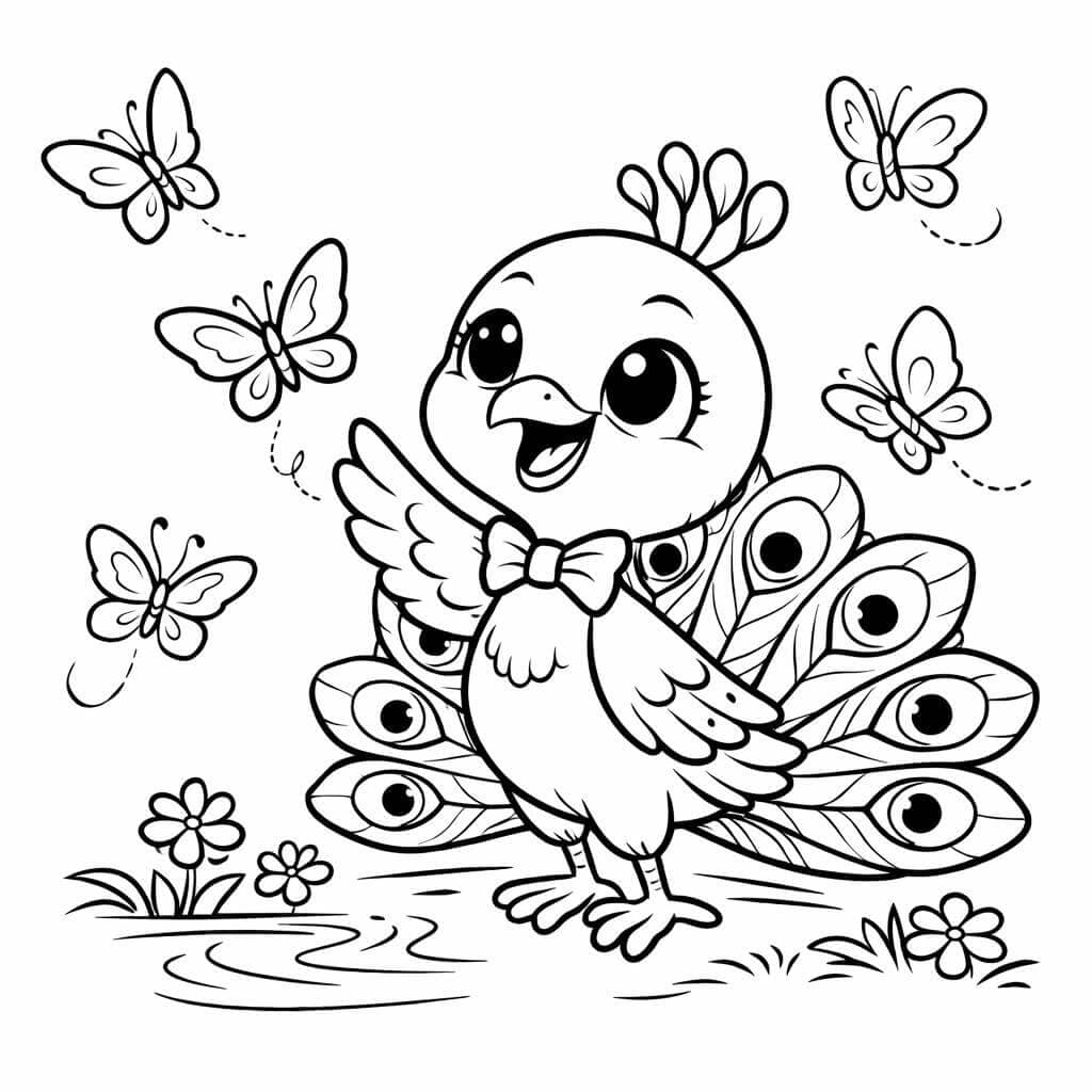 Pfau spielt mit Schmetterlingen Ausmalbild