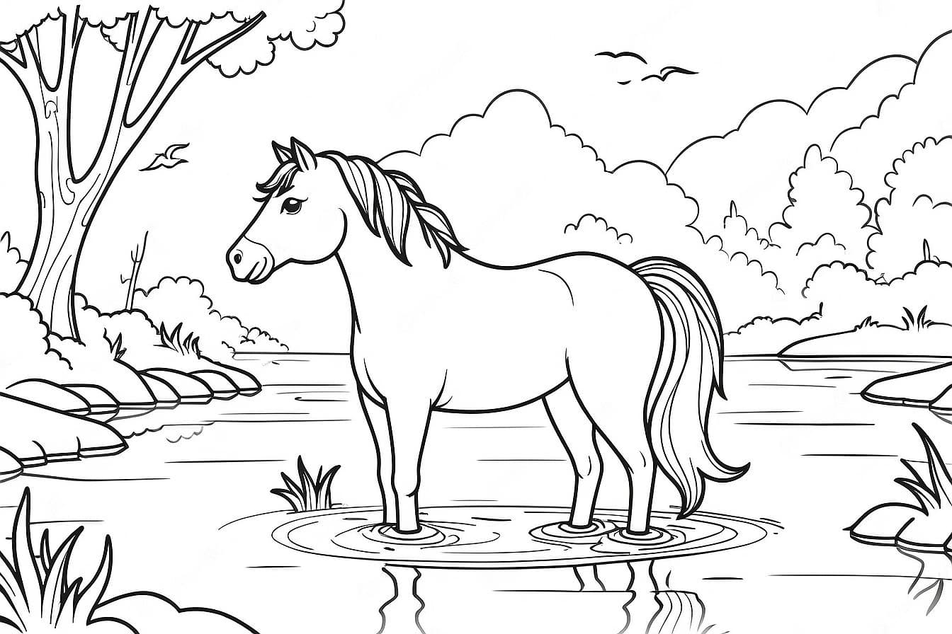 Pferd im Bach zum Ausmalen