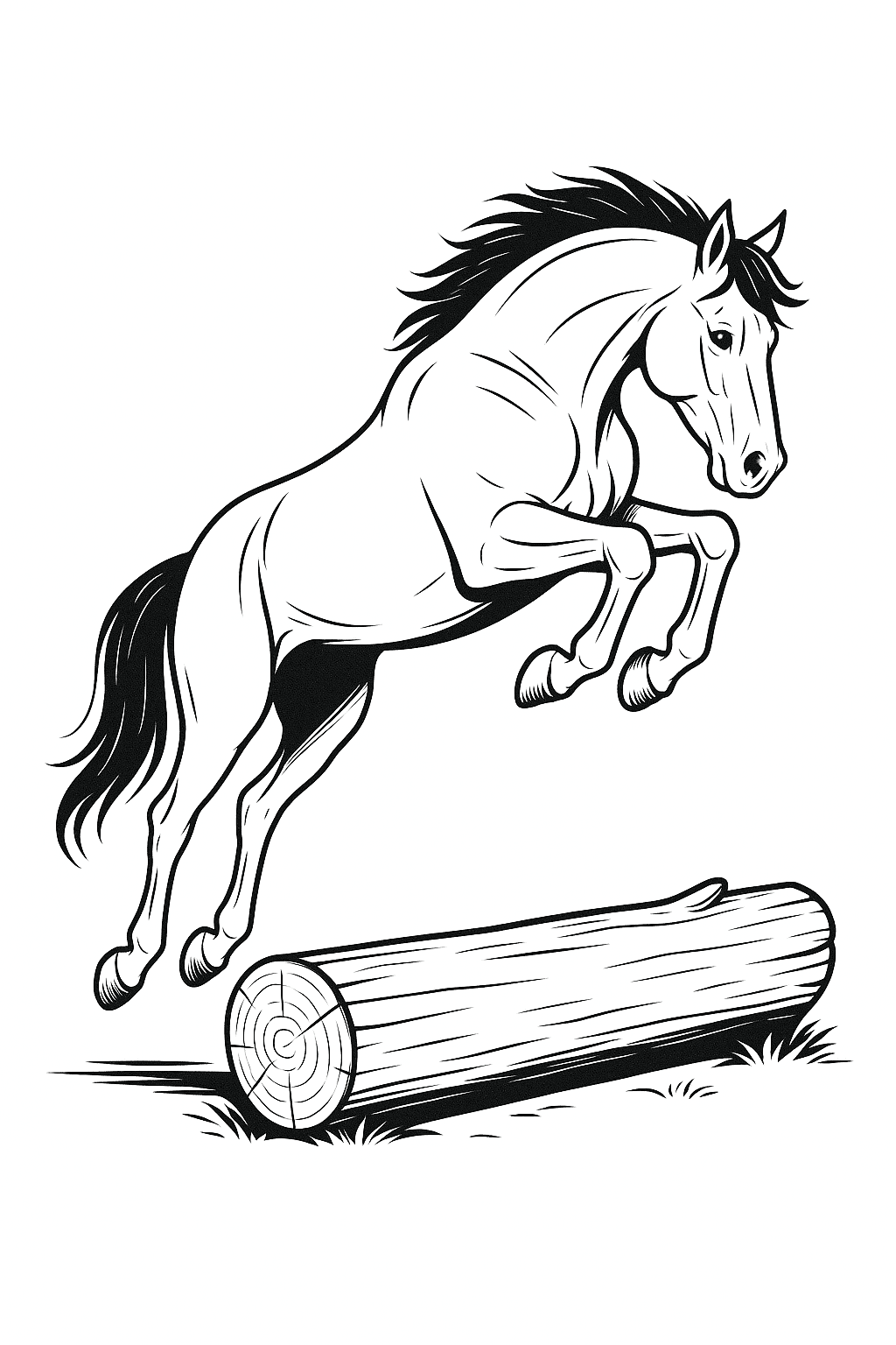 Pferd springt über Stamm zum Ausmalen