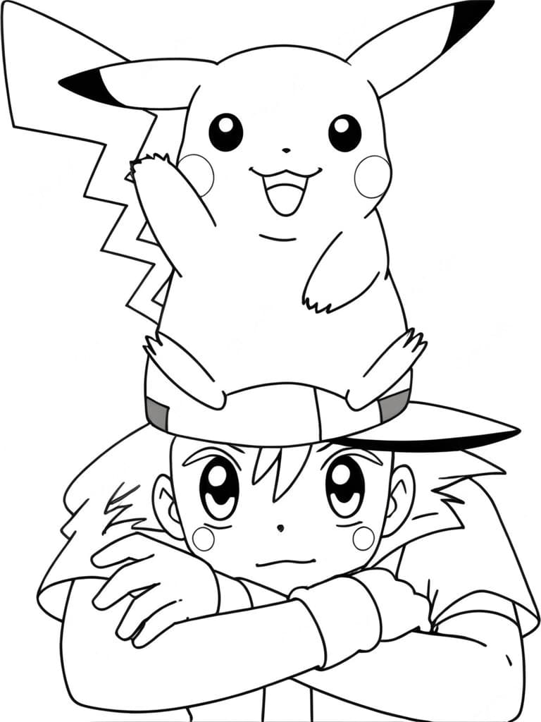 Pikachu sitzt auf Ashs Kopf Ausmalbild