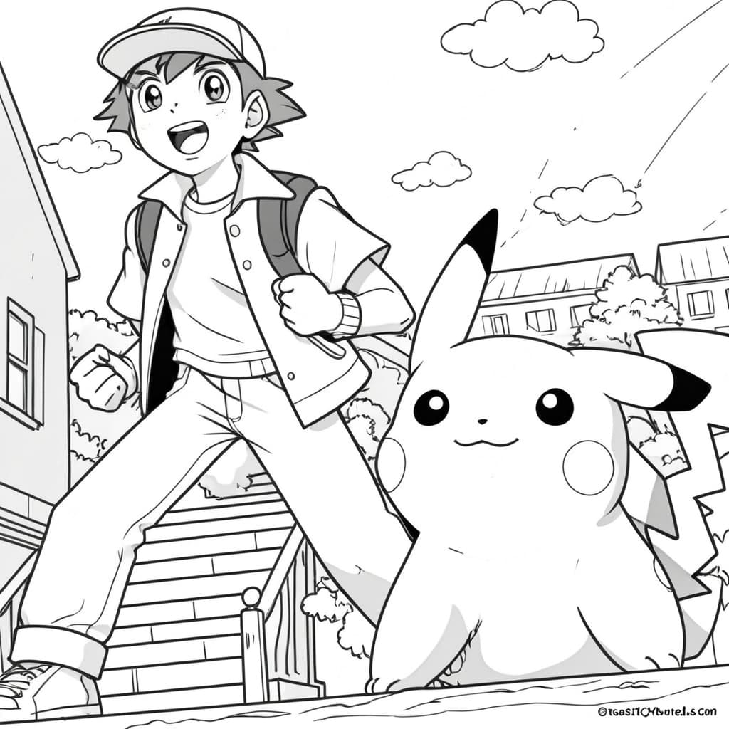 Pikachu und Ash in Alabastia Ausmalbild