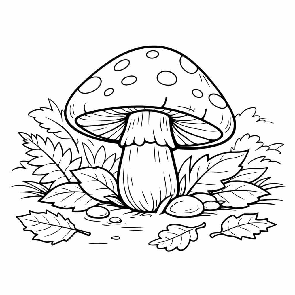Pilz im Wald mit Blättern Ausmalbild