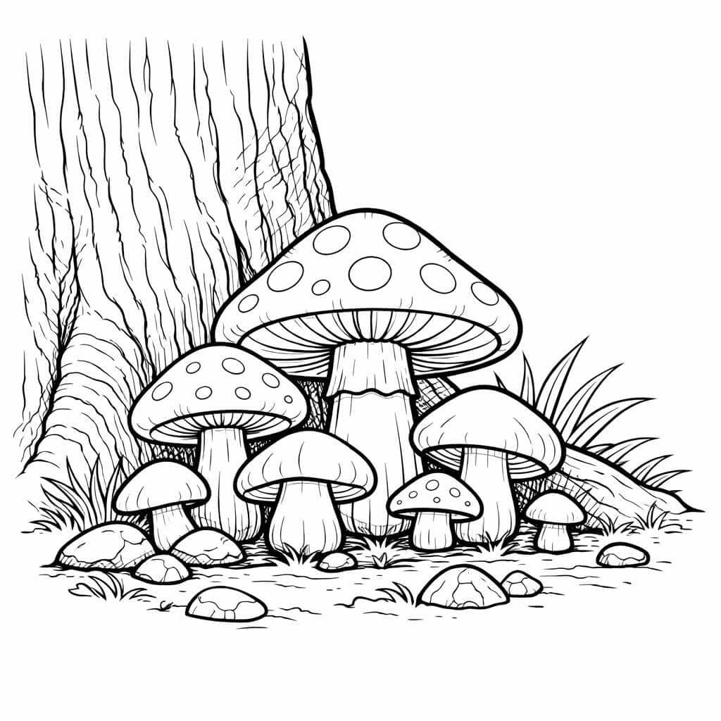Pilzgruppe am Baumstamm Ausmalbild