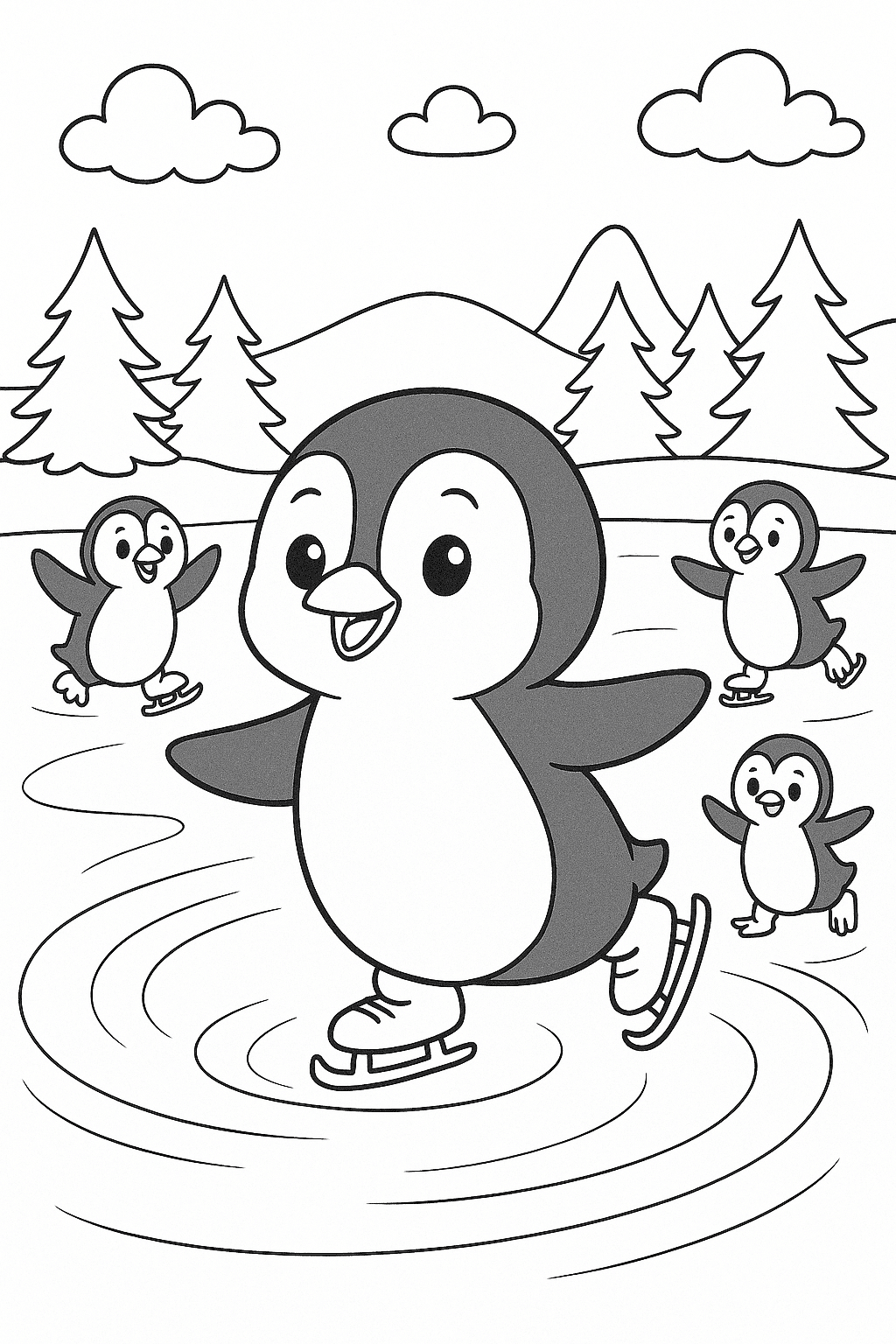 Pinguine beim Eislaufen Ausmalbild