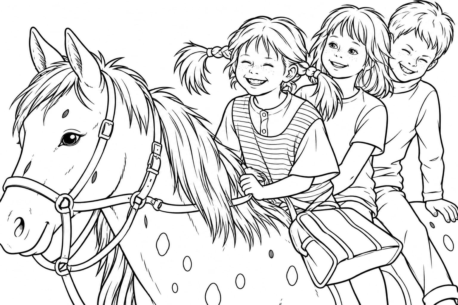 Pippi, Annika und Tommy auf dem Pferd – kostenlose Pippi Langstrumpf Malvorlage