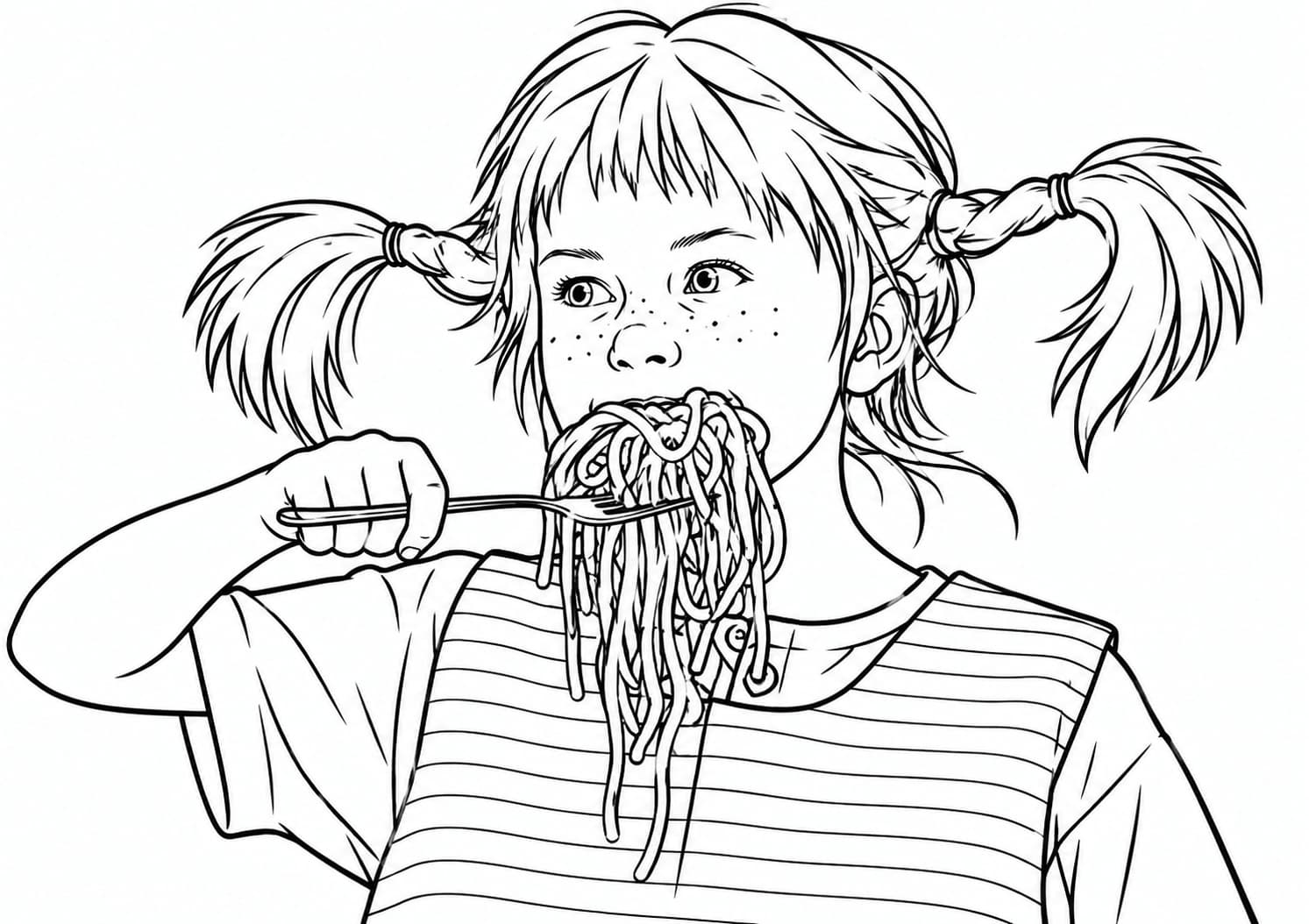 Pippi isst Spaghetti – kostenlose Pippi Langstrumpf Malvorlage