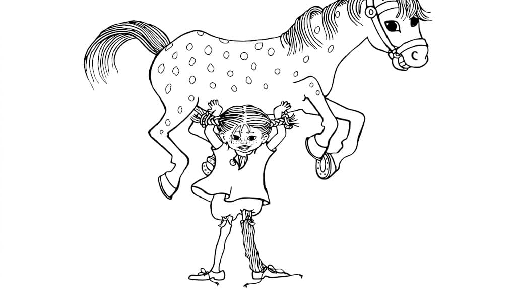 Pippi hebt ihr Pferd hoch – kostenlose Pippi Langstrumpf Malvorlage