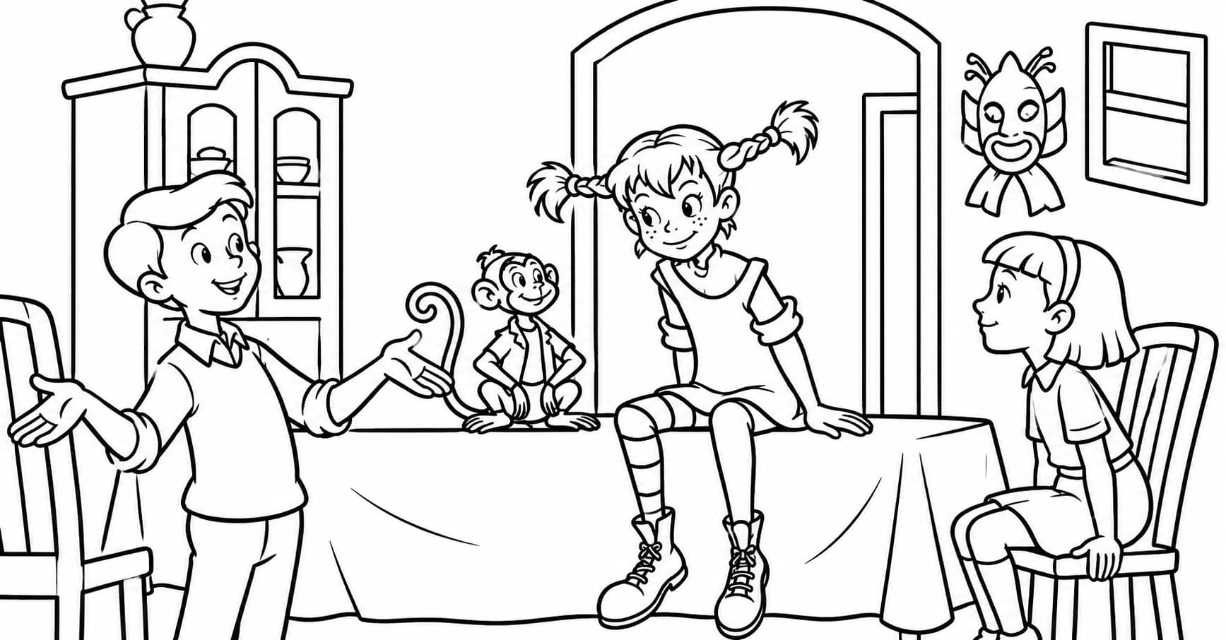 Pippi, Herr Nilsson und die Freunde am Tisch – kostenlose Pippi Langstrumpf Malvorlage