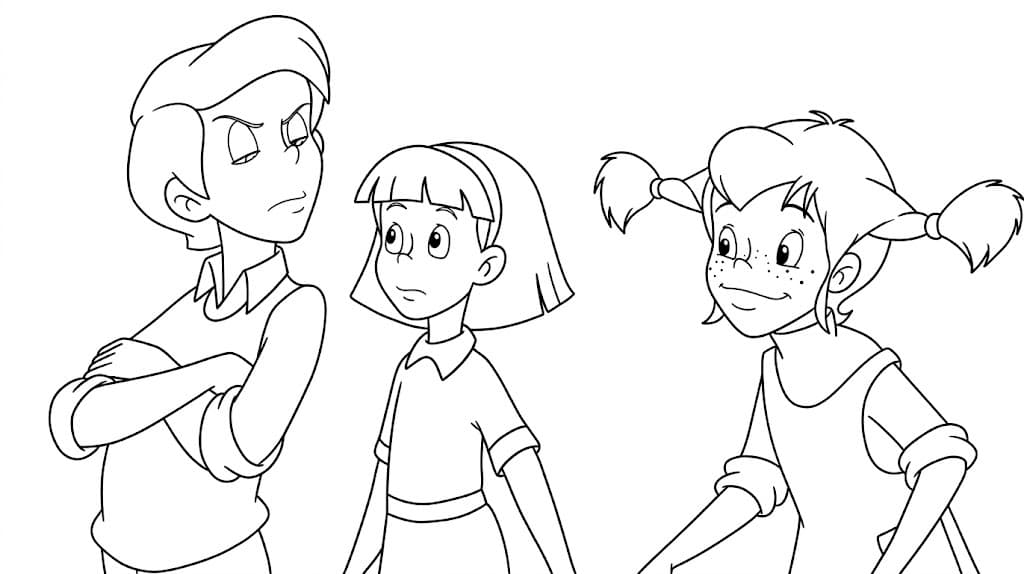 Pippi mit Tommy und Annika – kostenlose Pippi Langstrumpf Malvorlage
