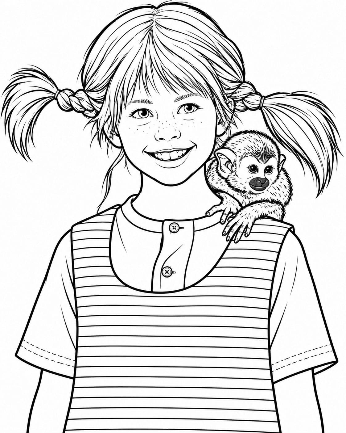 Pippi mit Herrn Nilsson auf der Schulter – kostenlose Pippi Langstrumpf Malvorlage