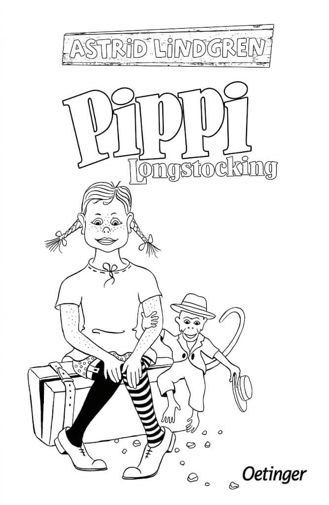 Pippi mit Puppe und Äffchen – kostenlose Pippi Langstrumpf Malvorlage