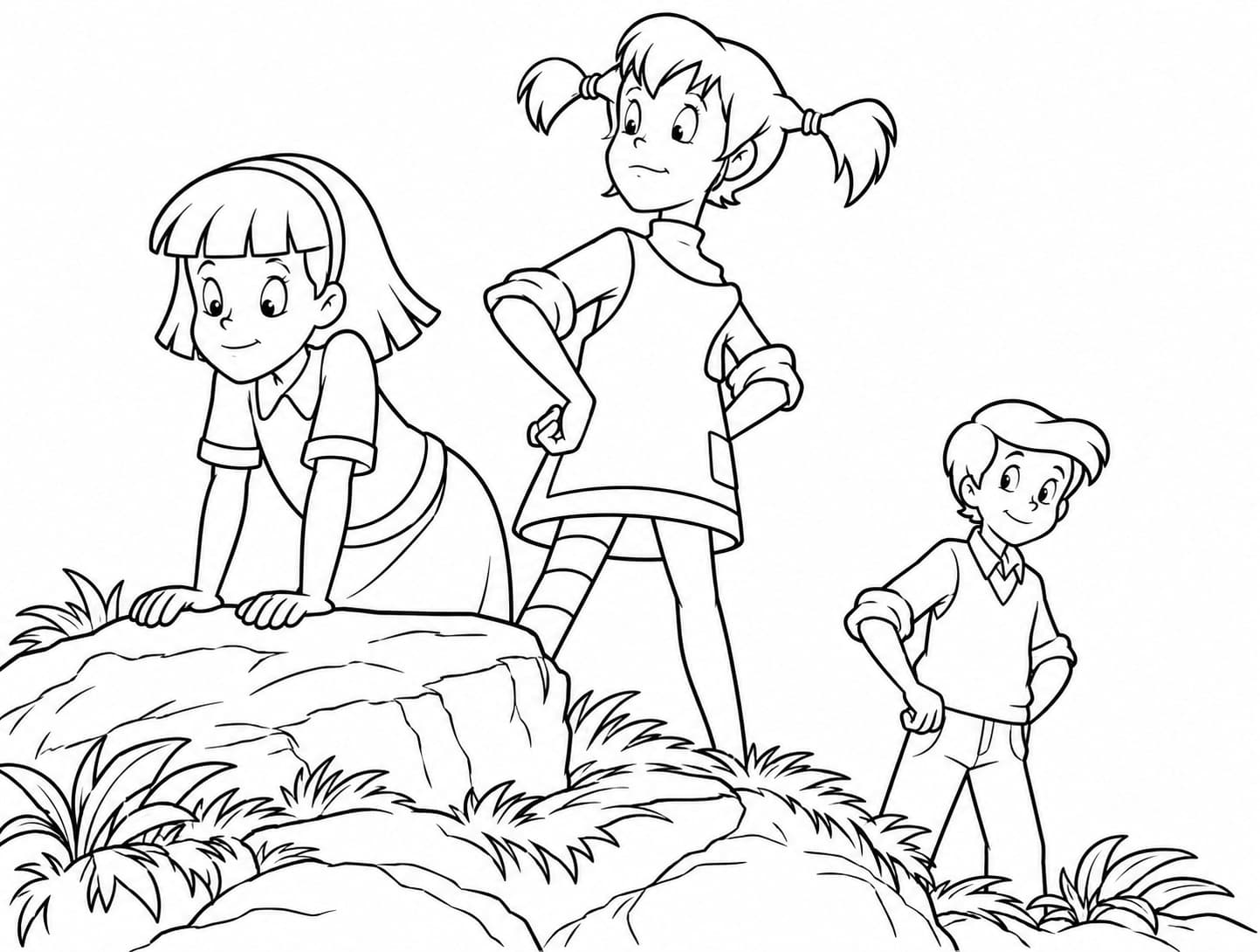 Pippi und ihre Freunde im Freien – kostenlose Pippi Langstrumpf Malvorlage