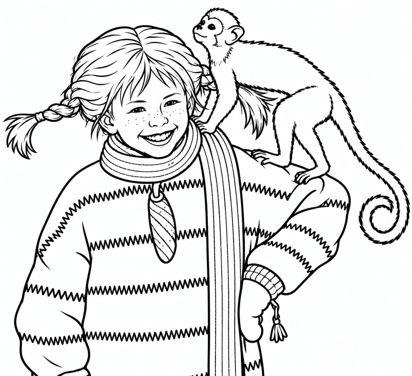 Pippi und ihr Äffchen als detailreiche Malvorlage – kostenlose Pippi Langstrumpf Malvorlage