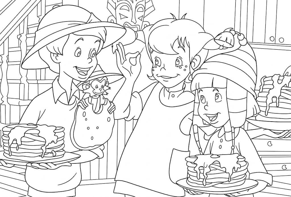 Pfannkuchen mit Pippi und ihren Freunden – kostenlose Pippi Langstrumpf Malvorlage