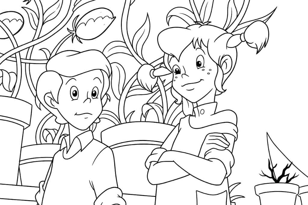 Pippi Langstrumpf und Tommy – kostenlose Pippi Langstrumpf Malvorlage