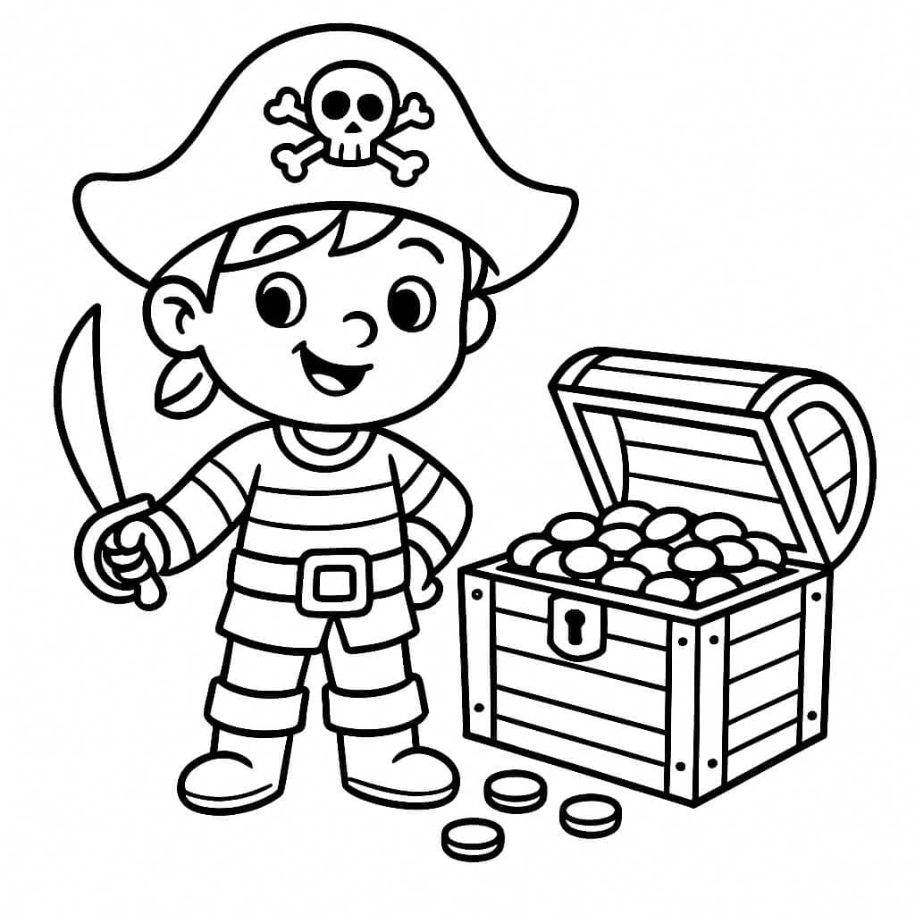 Pirat mit Truhe Ausmalbild