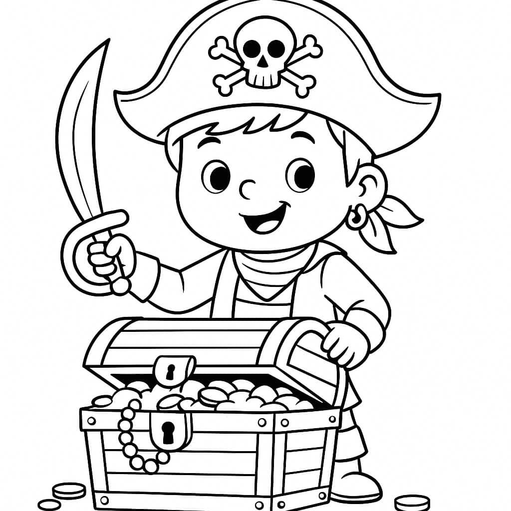Piratenjunge mit Truhe Ausmalbild