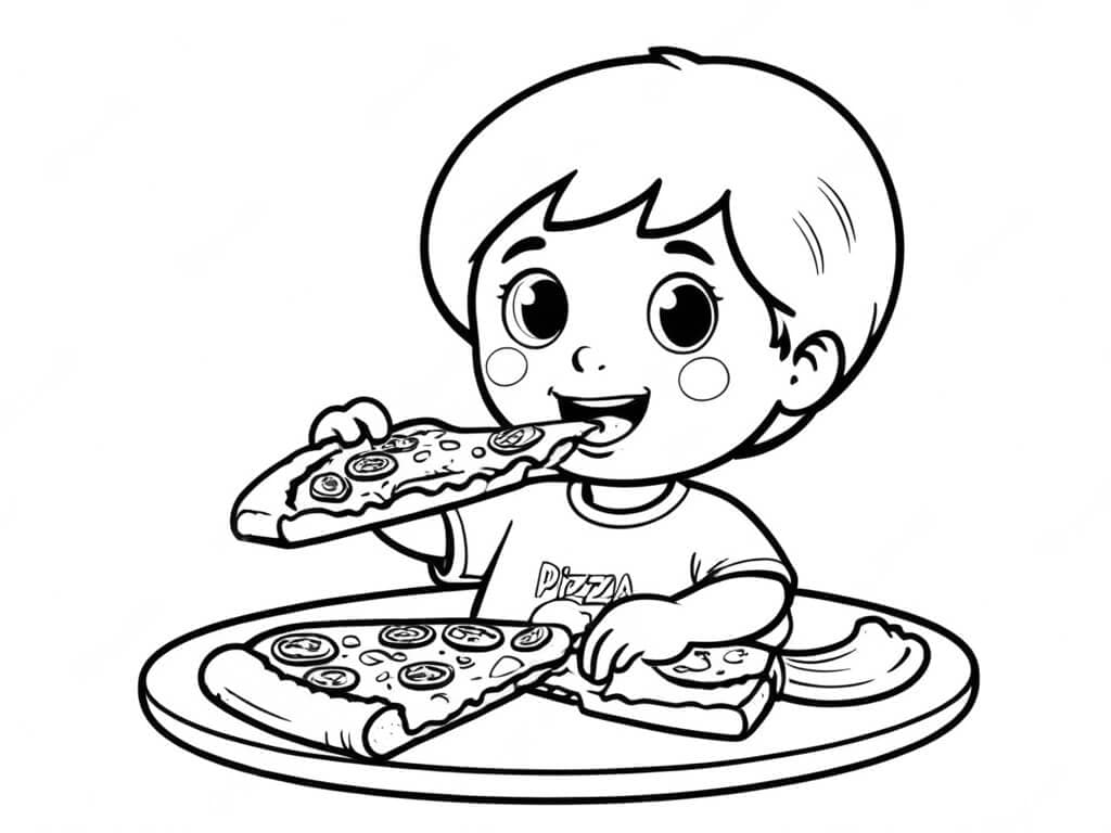 Kind isst Pizza Ausmalbild