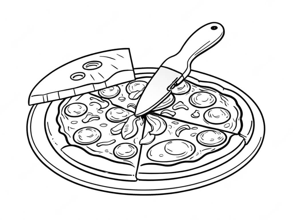 Pizza wird geschnitten Ausmalbild